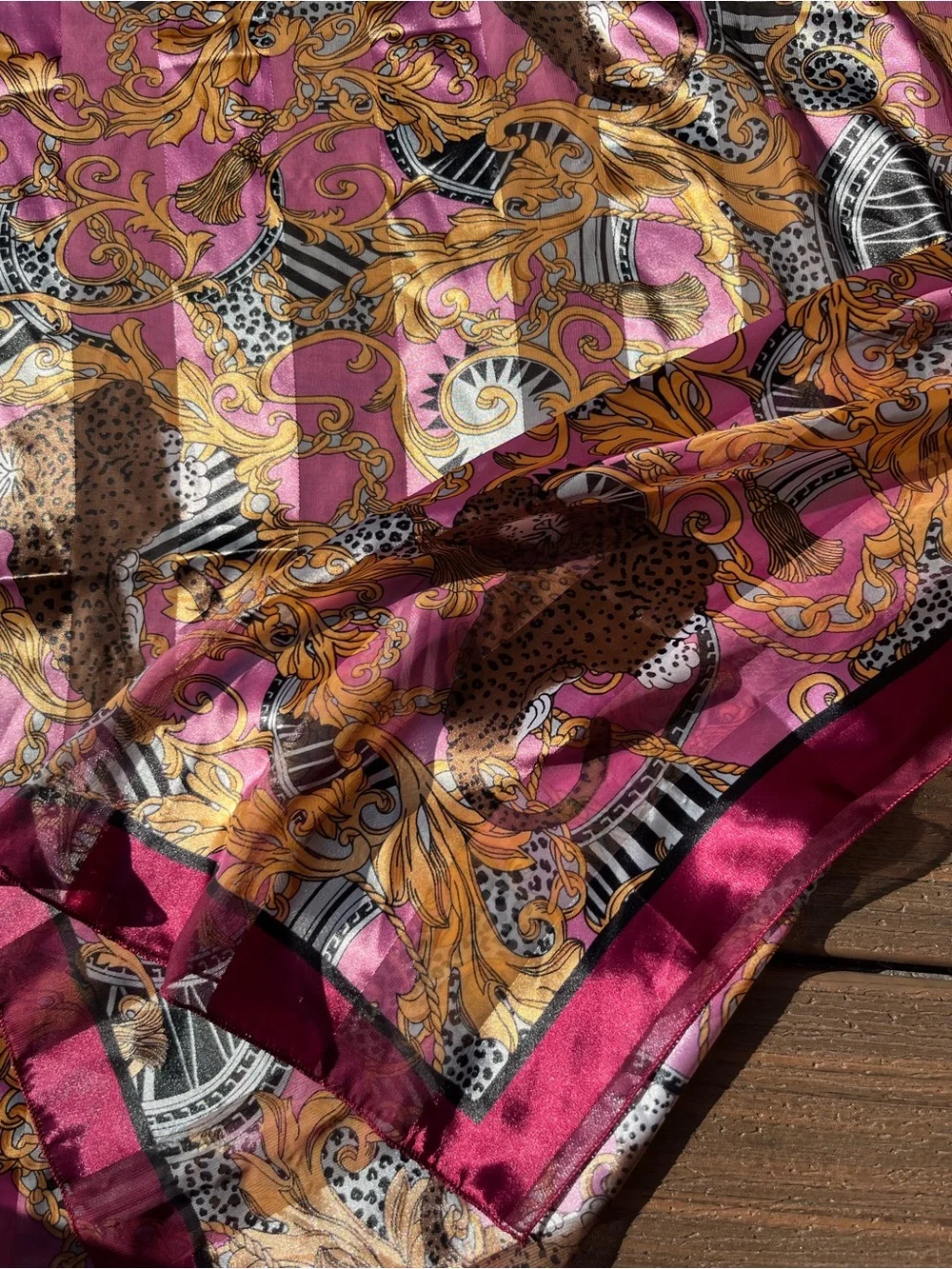 Silk-Feel Leopard Scarf in Plum and Gold 37.5 square